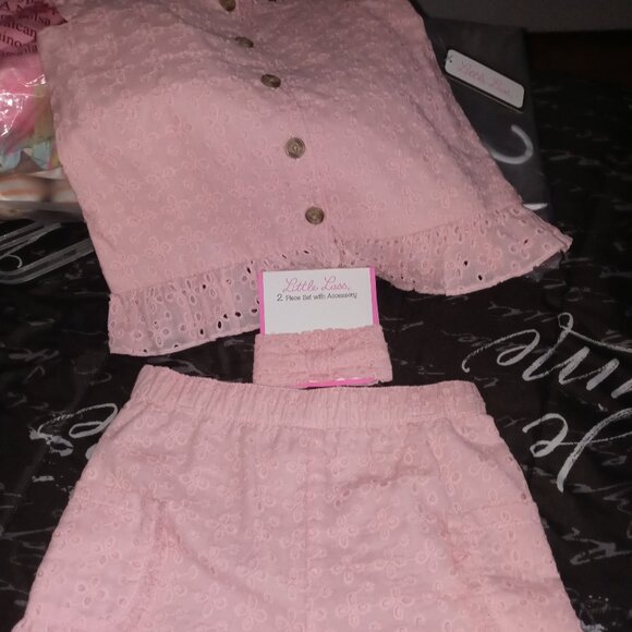 Little Lass 2 Pc Eyelet Fabric Cotton/Polyester Open Front Top/Shorts/Headband 5 - Picture 1 of 4